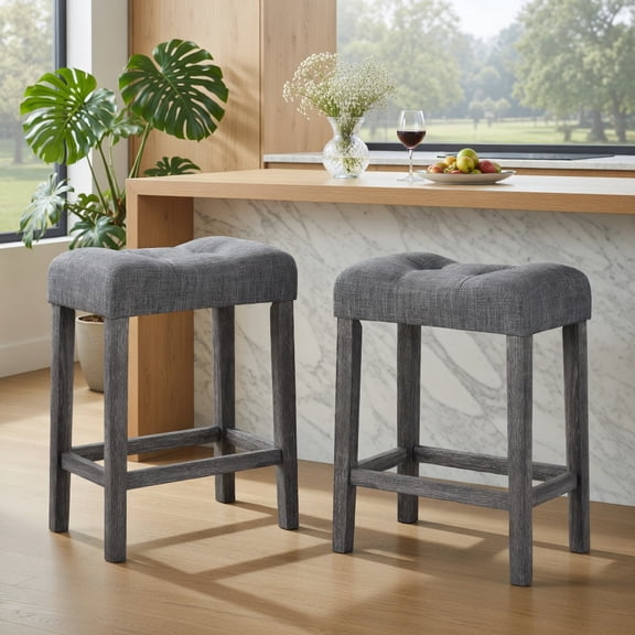 Kadyn Barstools Set of 2, Modern Counter Height, 24 Inch Kitchen Saddle Bar Stools with Padded Seat for Kitchen Island, Gray