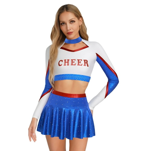 Raenseen Cheerleading Dance Costume for Women Color Block Long Sleeve Crop Tank Top with Frilly Skirt Blue S