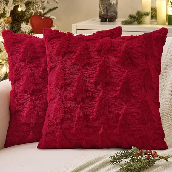 Christmas Throw Pillow Covers Burgundy Red Christmas Decorations Set of 2 Xmas Tree 18x18 Pillow Covers Soft Plush Faux Wool Pillowcases Holiday Festivals Winter Home Decor Sofa Couch Bed Porch