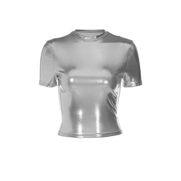 Tregren Women's Glitter Fitted T-Shirt, Short Sleeve Bodycon Shiny