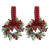 2 Pcs Christmas Small Wreaths for Kitchen Cabinets – 10" Red Berry & Plaid Ribbon Bows Mini Xmas Window Wreaths Home Party Decor