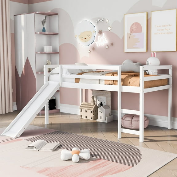 Kumix Loft Bed Twin Size with Slide, Wood Loft Bed with Full Length Guardrail and Ladder for Teens, Boys/Girls, Twin Wood Loft Bed for Bedroom, Dorm, Noise-Free, No Box Spring Needed, White