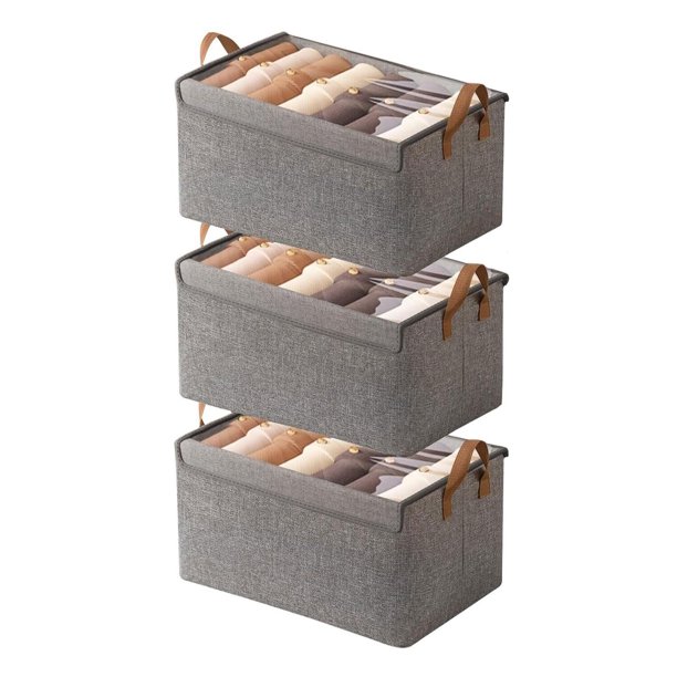 Juego de 3 Caja de Almacenamiento de Tela con Tapa, Organizadores de Armario y Cubos de Almacenaje Apilables y Abatibles con Asas y Ventana y Estructura Acero,Contenedor de Ropa para Ropa