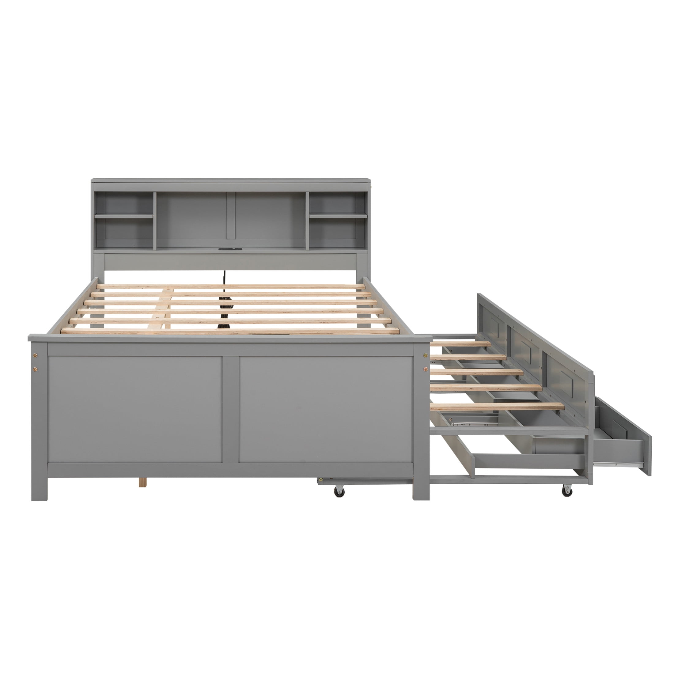 Noble House Nerissa Full Platform Bed with Bookcase Headboard, USB Ports, Extra Trundle and Storage Drawers, Gray