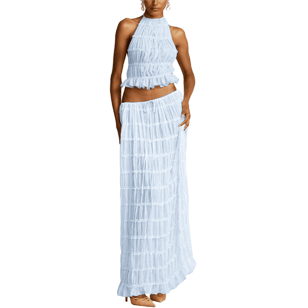 Conjunto de Dos Piezas de Falda Larga para Mujer, con Cuello Halter, Espalda Descubierta y Falda Larga para Salir en la Playa. Conjunto de Dos Piezas. Azul M