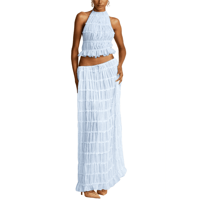 Conjunto de Dos Piezas de Falda Larga para Mujer, con Cuello Halter, Espalda Descubierta y Falda Larga para Salir en la Playa. Conjunto de Dos Piezas. Azul M