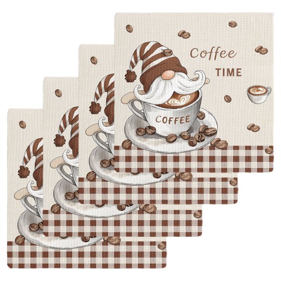 Coffee Gnomes Kitchen Dish Towels for Drying Dishes Set of 4, Brown Buffalo Plaid Check Farmhouse Waffle Weave Microfiber Hand Tea Bathroom Towels Quick Dry & Absorbent Towel 12x12
