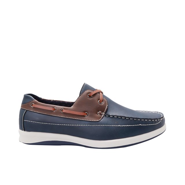 mocasines azul marino para hombre dorothy gaynor 29.0 mocasín lateral derecho azul marino estilo náutico con pespuntes blancos, pieza superior lisa, detalle en contraste café con ojales metálicos y cordón decorativo, cuello acolchado y suela blanca con borde azul; fondo blanco. A menudo usado como calzado casual para oficina o viaje corto.