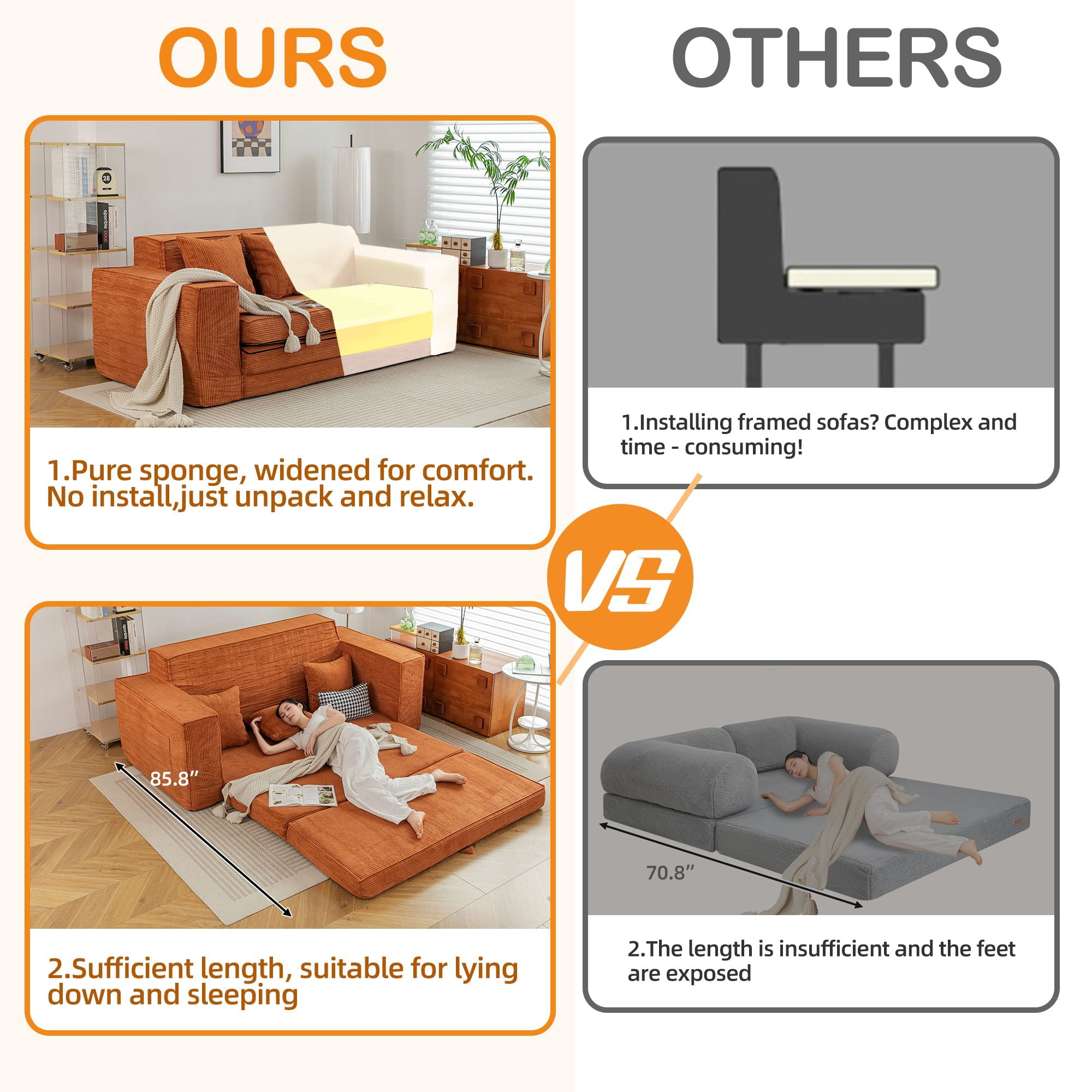 Vicluke Memory Foam 3 Seater Sofa Couch, Convertible Sleeper Sofa Bed w/Corduroy Fabric, Side Pockets, Foldable Upholstered Compressed Sofa Bed for Living Room, Apartment No Assembly Required (Tan)