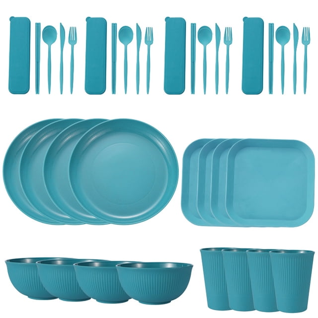 Nvzi Wheat Straw Dinnerware Sets, 36-Piece Plates and Bowls Sets, Cutlery, Microwave Safe Unbreakable Dinnerware for Parties, Picnic, College Dorm, Camping Green