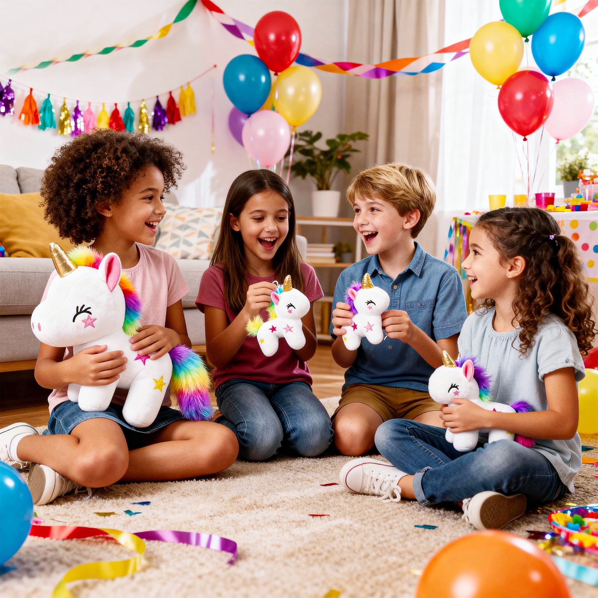 Dolizu 4-Pack Unicorn Plush Set: 1 large 11.8in + 3 small 4in unicorns. Ideal for kids’ play, bedtime and gifts for all ages.
