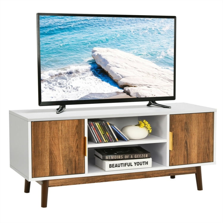 Finihen TV Stand, TV Cabinet, 2 Door TV Stand with 2 Cabinets and Open Shelves for TVs Up to 50 Inch TV, Media Entertainment Center with Storage, for Living Room, Bedroom, White & Rustic Oak
