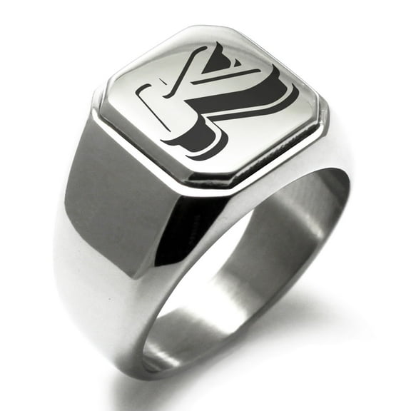 Stainless Steel Letter K Initial 3D Monogram Engraved Engraved Square Flat Top Biker Style Polished Signet Ring