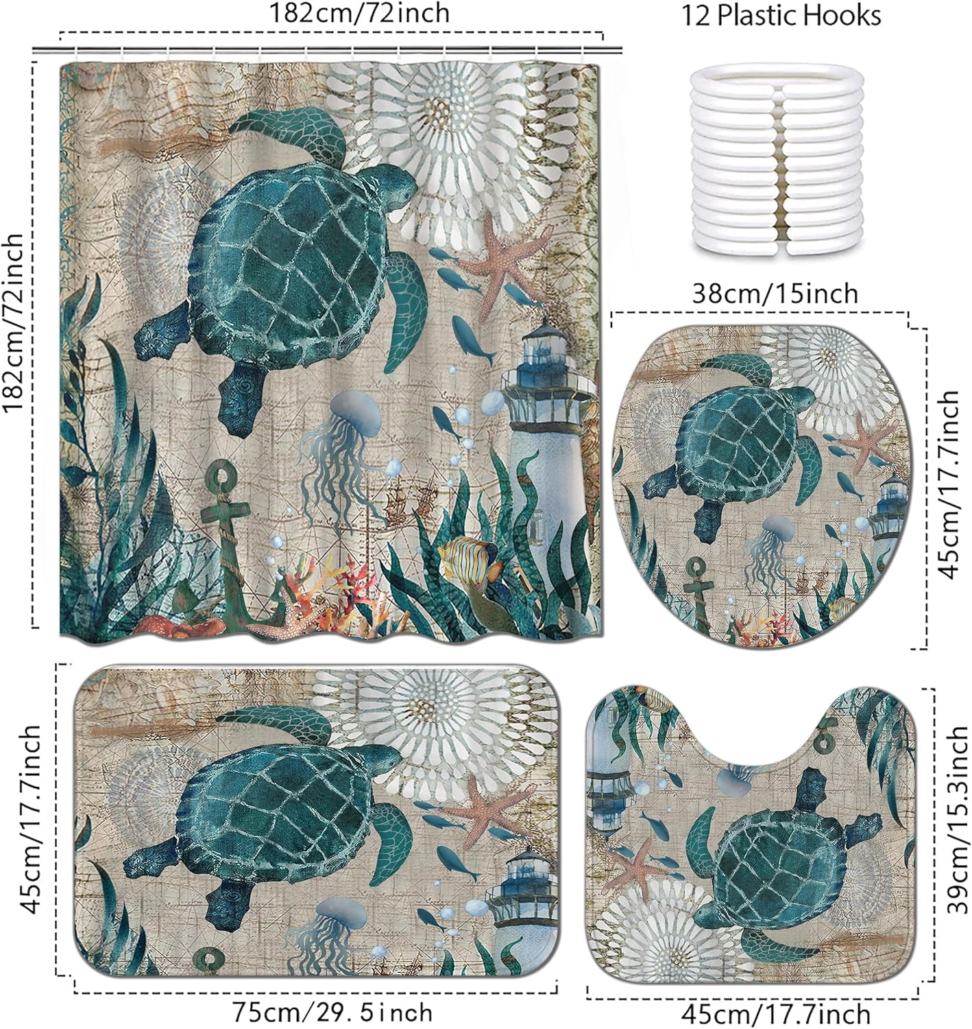 4Pcs Sea Turtle Shower Curtain Sets, Ocean Turtle Bathroom Sets with Shower Curtain and Rugs Durable Waterproof Curtains with 12 Hooks