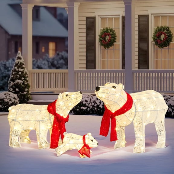3-Pack Lighted Polar Bear Family Christmas Decorations, 190 Warm White LEDs, Weather-Resistant Metal Frame, Collapsible Design for Indoor, Outdoor Use