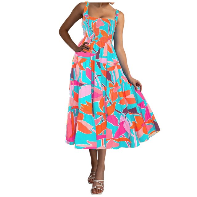 WILLBEST Vestido De Verano Para Mujer, Estampado Floral, Fruncido, Con Tirantes, Sin Mangas, Con Volantes Y Capas, Vestido Midi Para Verano