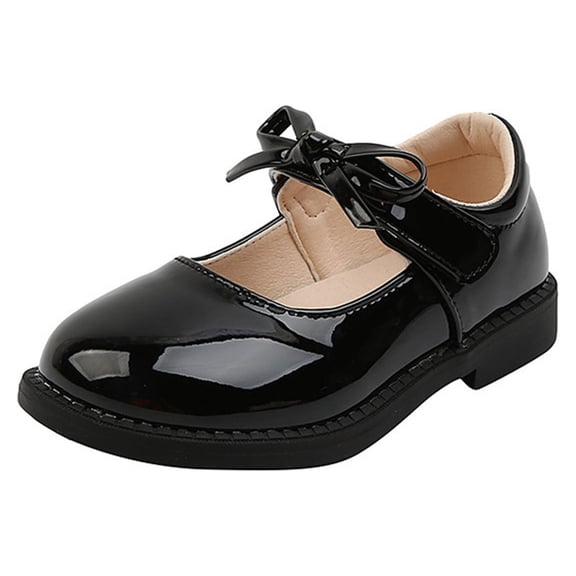 GiLiling Girls Mary Jane Shoes, Bow Adjustable Hook-and-Loop Strap, PU Upper Non-Slip Rubber Sole Princess Party Footwear (Black, 7-8 Years)