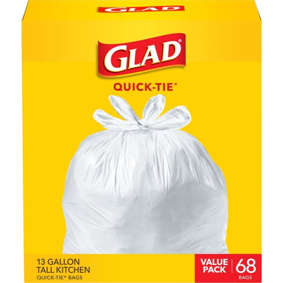 Glad Tall Kitchen Bolsas de basura de amarre rápido, 13 galones, blanco, 68 unidades (el paquete puede variar)