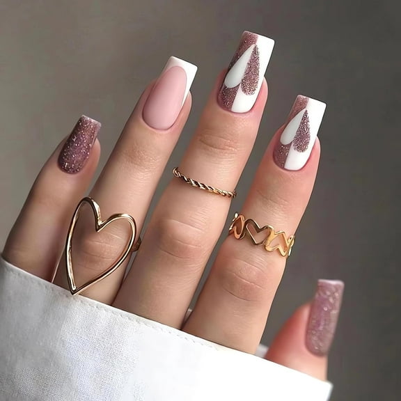 Heart Square Press on Nails Medium Length Fake Nails Blue White French Artificial Nails Full Cover Glitter Heart Press on False Nails Valentine’s Day Design Stick on Nails for Women Girls Nail Art 7