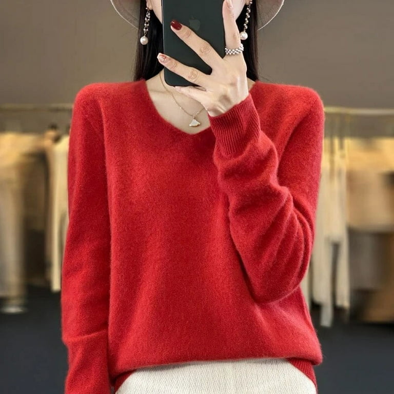 New 100 Merino pure wool sweater in autumn and winter women s V neck knitted long sleeved solid color warm sweater Walmart