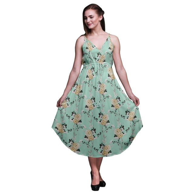 Bimba Robe à Imprimé Floral pour Femmes Bretelles Spaghetti Col en V Midi Tenue de Plage-TTTG