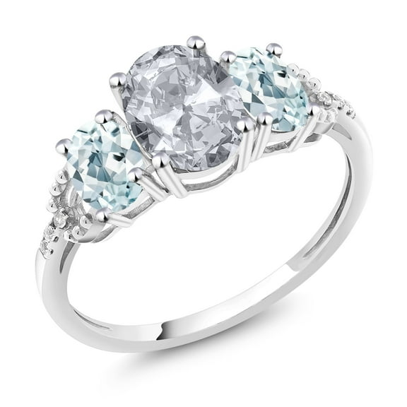 Gem Stone King 10K White Gold White Topaz Sky Blue Aquamarine and Diamond Accent Three-Stone Women Engagement Ring | 2.21 Cttw | Gemstone Birthstone.5 (Size 6.5)