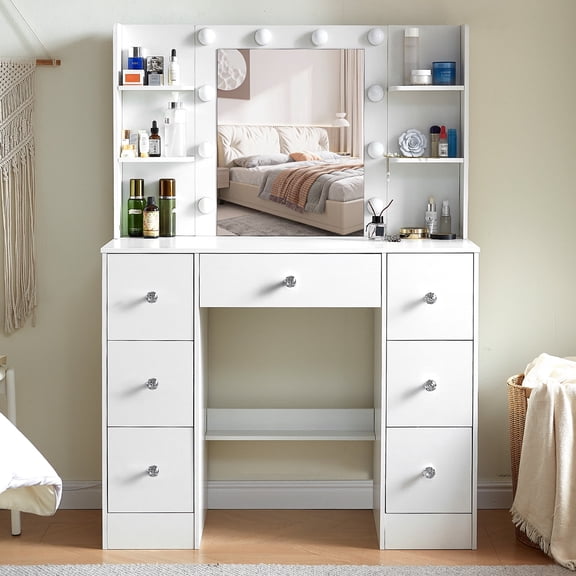 Teousev Makeup Vanity with Mirror and Lights, 7 Drawers White Vanity Desk and Shelves