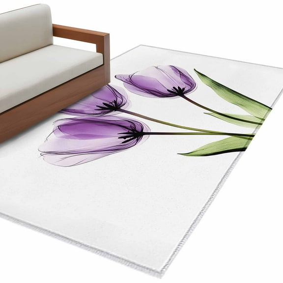 Purple Tulip Area Rug 3x5 FT, Non Slip Entryway Bedside Carpet, Aesthetic Pastoral Flower Floral Spring Washable Soft Floor Carpet Indoor Mat Non-Shedding Throw Rug for Dorm Kitchen Home Office