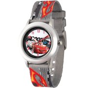 Cars Lightning McQueen and Raoul Caroule Boys' Stainless Steel Time Teacher Watch, Grey Fabric Strap with Printing