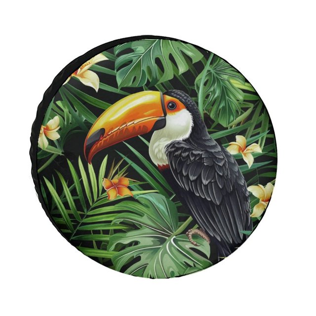 Housse de Pneu de Rechange Tropical Toucan Oiseau Perroquet Feuilles de Palmier Vertes Floral Résistant aux Intempéries Protège-Roues Été Aquarelle Housse de Pneu pour Caravane Remorque Camion VUS Universel 13 Pouces