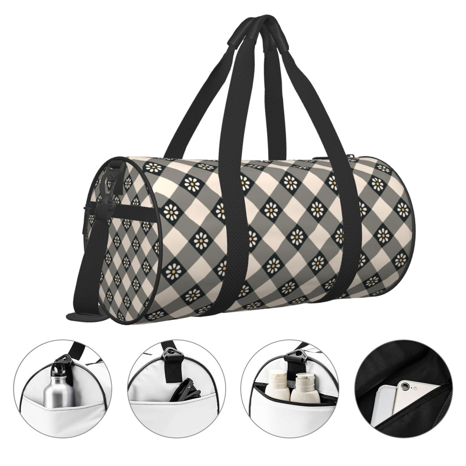 Vsdgher Daisy Plaid Black 45L Foldable Duffel Bag, Sports Gym Bag,Overnight Bag, Portable Weekender Bag for Airplanes