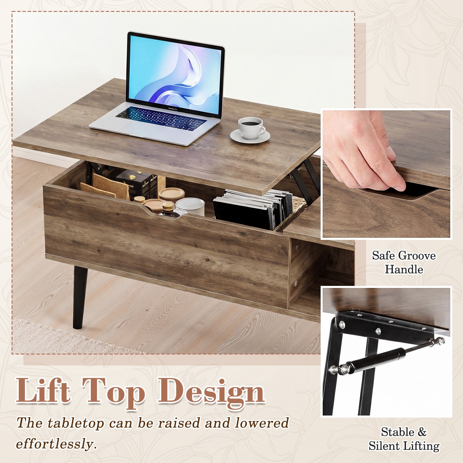 CONCETTA Lift Top Coffee Table with Storage, Small Living Room Table with Adjustable Shelf and Storage Compartment,White Gray