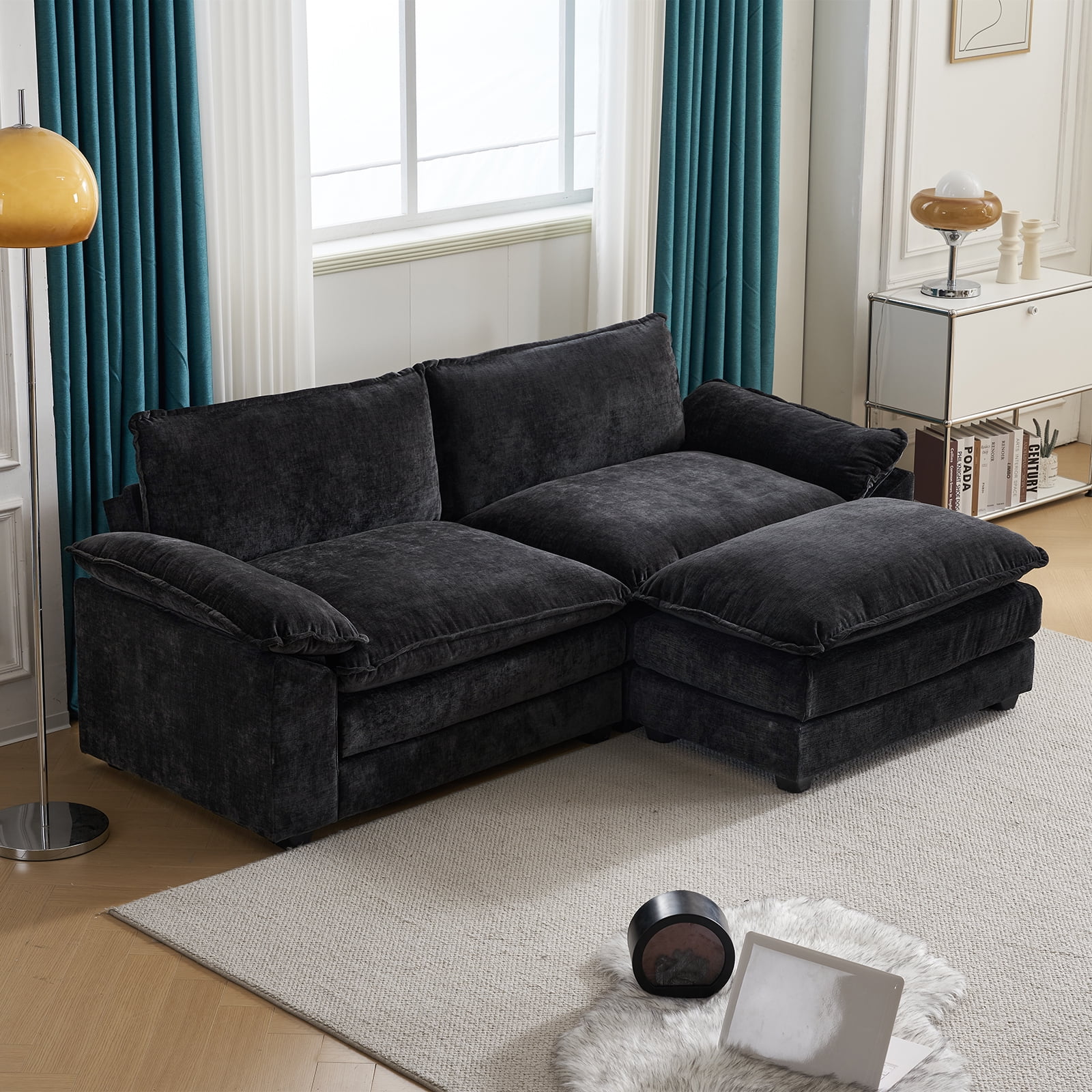 Ktaxon Sectional Sofa L Shaped Couch with Chaise Living Room Sleeper Set, 2 Seats with Chenille and Double Layer Cushions 86" W Black