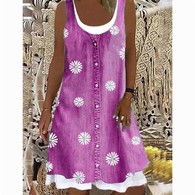 Women's A-Line Dress Sleeveless Spring Summer Casual Patchwork Print Knee Length Dress Fashion 3D Printing Denim Print DressXXL Gao Jinjia LED