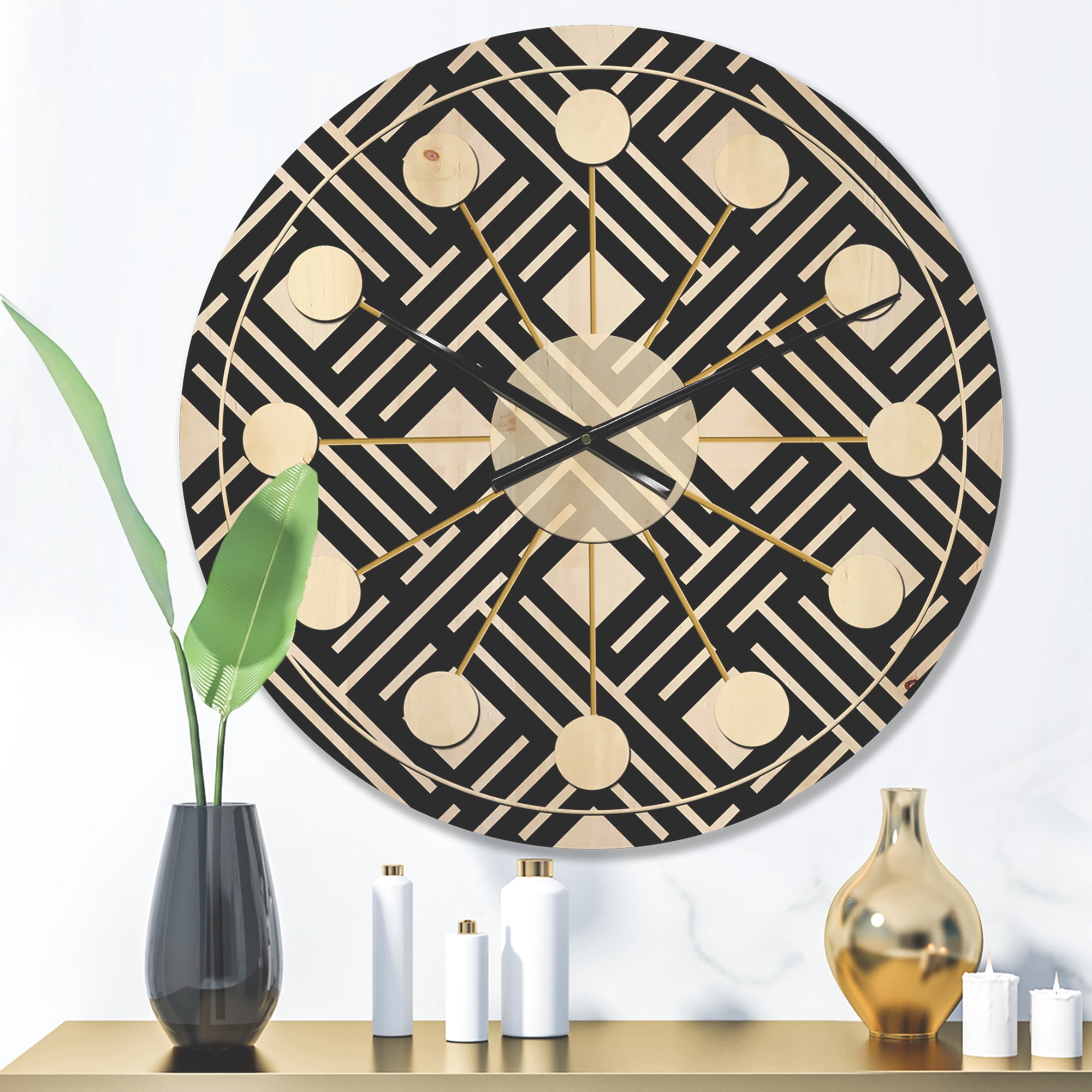 Designart 'Black and White Geometric Pattern II' Mid-Century Modern Wood Wall Clock