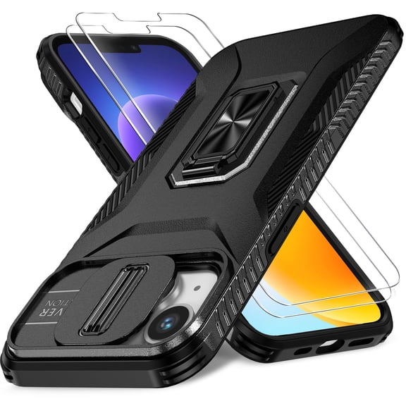 Military Grade Phone Case compatible with Apple iPhone 13 and iPhone 14, Shockproof Cover with Slide Camera Cover, 2 Pack Screen Protectors, Rotating Ring Kickstand