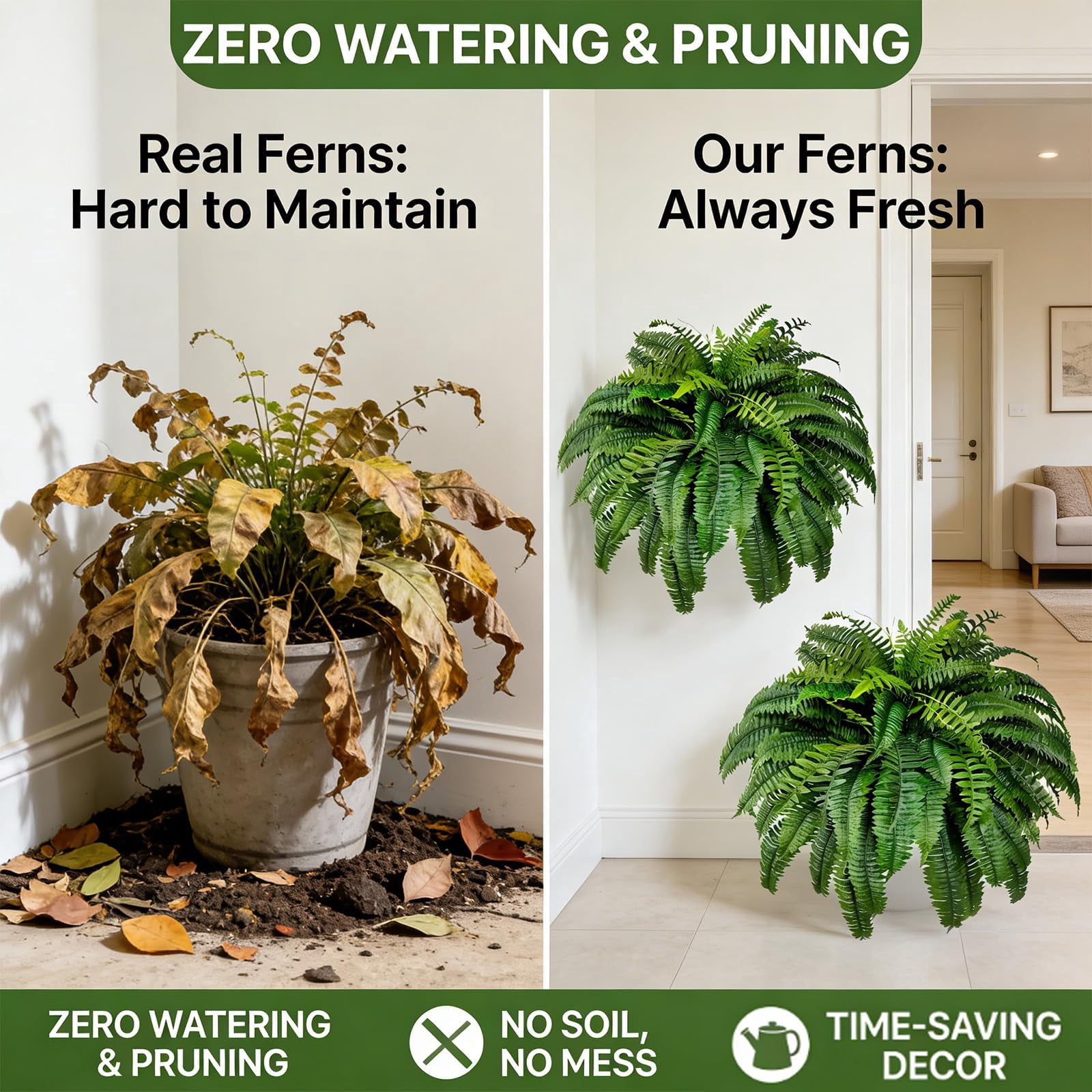 Large Artificial Fern for Outdoors, UV-Resistant Fake Ferns (28/38/60/88 Fronds) - Realistic Faux Greenery, Fade-Proof Outdoor Plants for Porch & Hanging Baskets