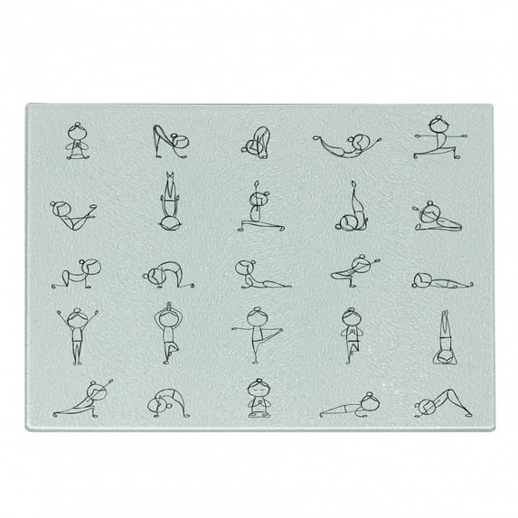 Yoga Cutting Board, Stickman Practicing Different Yoga Moves Stretching Physical Recreation Strength Fit, Decorative Tempered Glass Cutting and Serving Board, Small Size, Black White, by Ambesonne