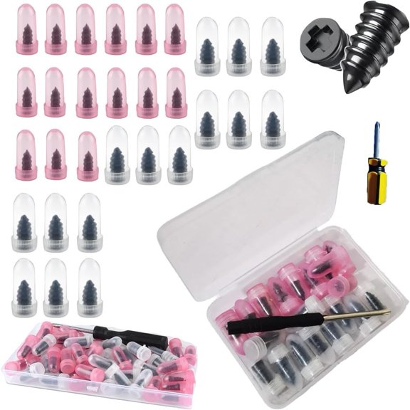 Vacuum Tire Mending Nail, Sufficientlg 60 PCS Tire Repair Rubber Nails Kit with Box and Screwdriver, Screw in Tires Repair Plugs, Self-Service Tires Screw Plug Repairs for Puncture Repairs(30 Pcs)