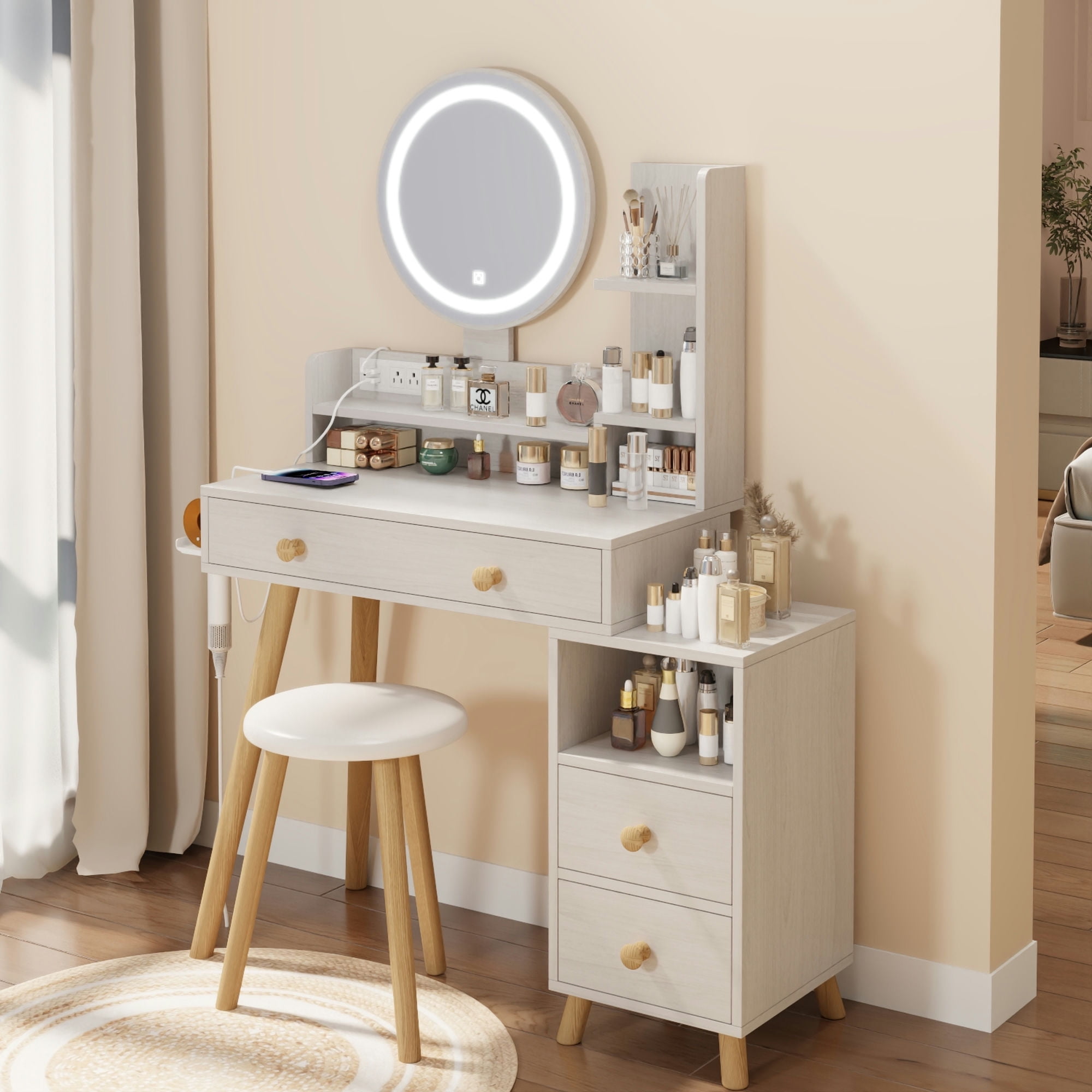 Kadyn Round Mirror Bedside Cabinet Vanity Table, Vanity Desk,Bedside Cabinet, White Kadyn Round Mirror Bedside Cabinet Vanity Table, Vanity Desk,Bedside Cabinet, White