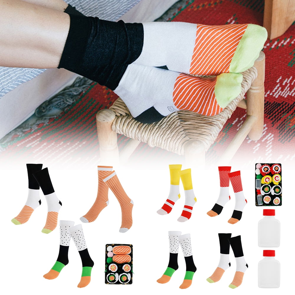 Christmas 4 Pairs Salmon Cucumber Kit Gift for Birthday Fun Dress Cool Colorful Fancy Party Sushi Socks Box Set for Men & Women