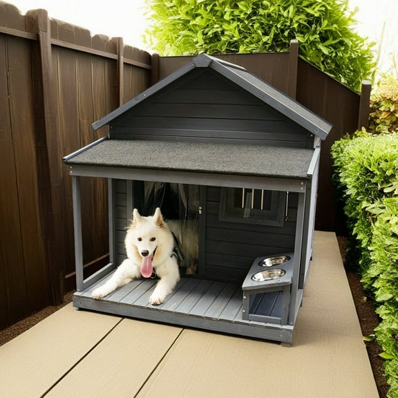 Pefilos 44" Outdoor Dog House, Waterproof Puppy Shelter Indoor Doghouse with Elevated Floor, Kennel for Small Medium Dogs with Cleaning Mat, Gray