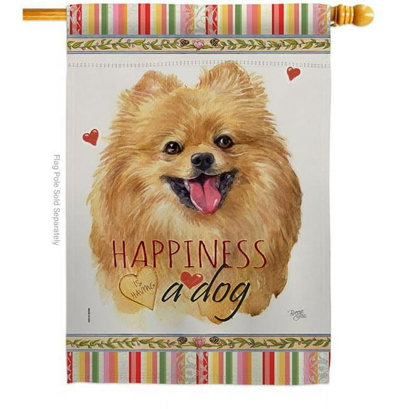 Breeze Decor  28 x 40 in. Dog Pomeranian Happiness Double-Sided Decorative Vertical House Flag
