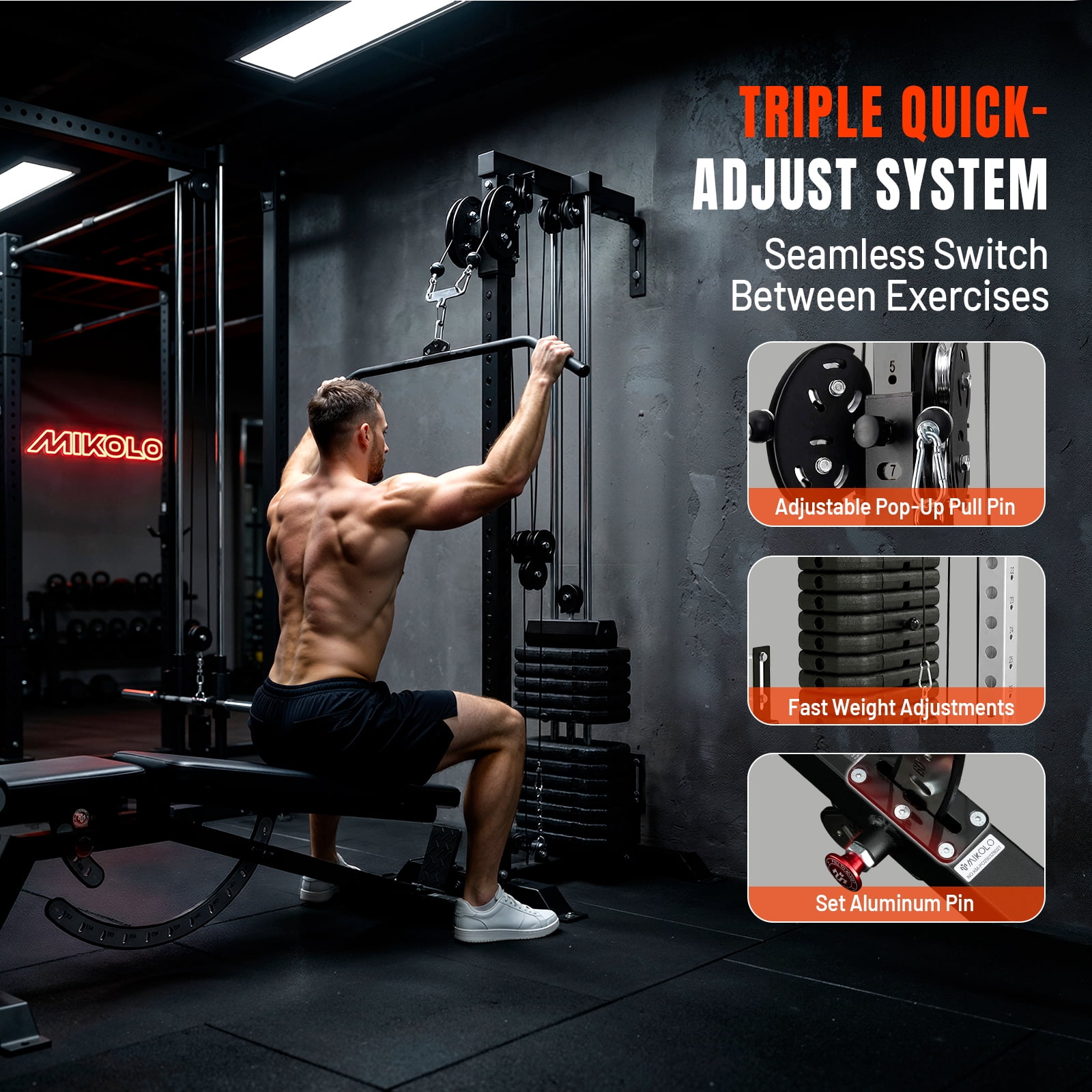 Mikolo Cable Tower Squat Stands with 200LBS Weight Stack, Wall Mounted Pulley Tower  with 1200LB Capacity Adjustable Weight Bench ,Lat Pull Down Machine for Home Gym