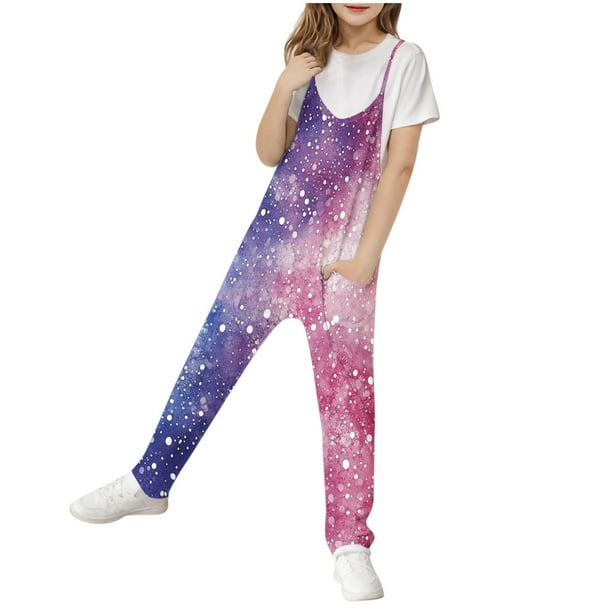 Odeerbi 5-14 Años Niñas de Verano Traje Estrelado Cielo Camisola Romper Primavera Casual Transpirable Cómodo Trajes Correa Bib Pantalones En General Traje de Juego