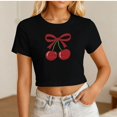 thumbnail image 2 of Women's Slim Fit Cherry Bow Graphic Crop Top Y2K Short Sleeve Slim Fit Shirts Casual Summer Tee (Black1 L), 2 of 5