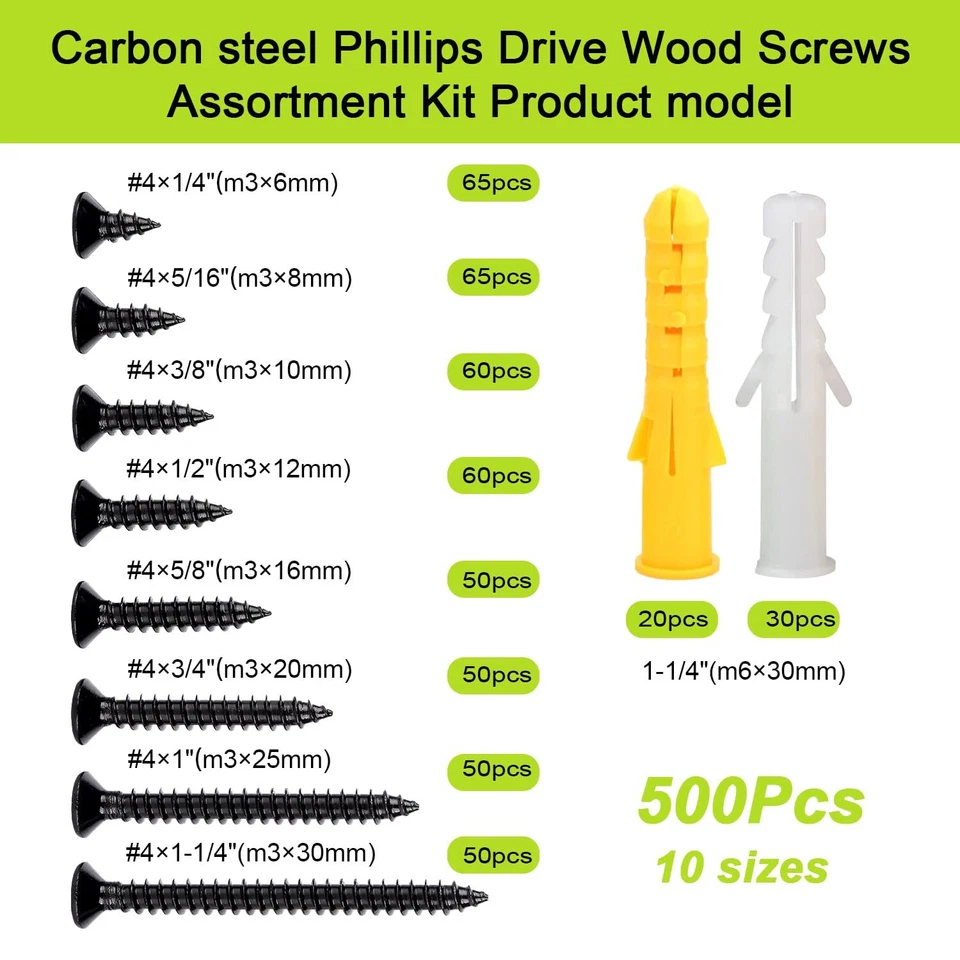 CIRCLE- #4 Small Screws Set, Wood Screws Assortment Kit, 500Pcs Tiny Phillips Flat Head