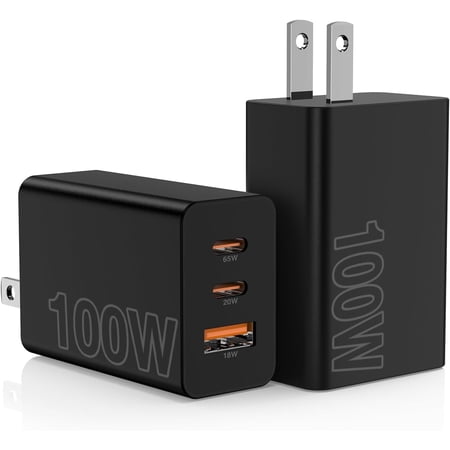 2Pack 100W USB C Wall Charger Block,3-Port (65w+20W+18w) Super Fast Charging Power Adapter,Multi USB C Charging Hub Plug Cube Compatible for MacBook,iPad Pro,Galaxy S25, iPhone 16/15, Black