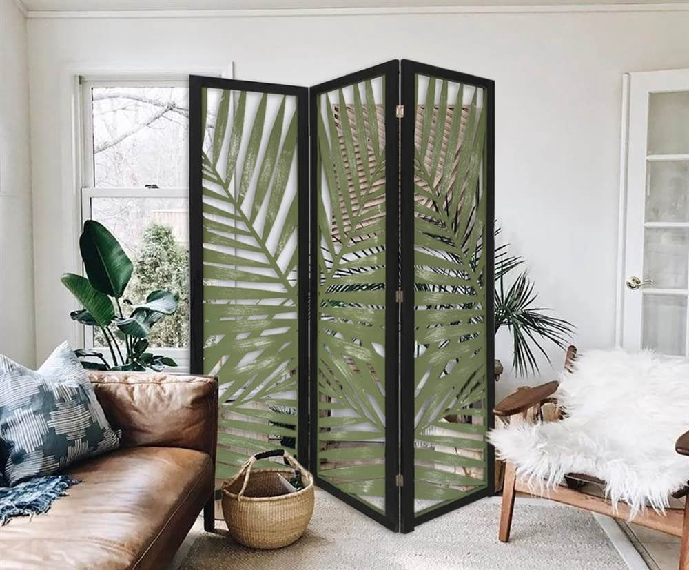 Sg-363 Tropical Leaf Design 3 Panel Wooden Papete Screen Room Divider - Green