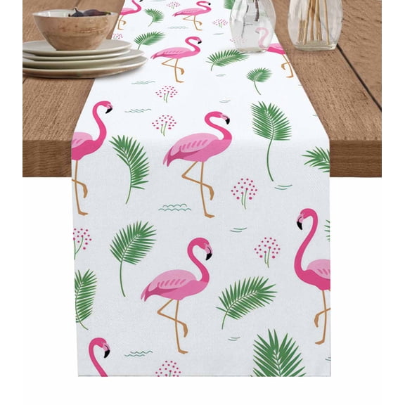 Pink Flamingos Table Runner 72 Inches, Summer Green Tropical Palm Leaves Bed Runner Dresser Scarves Tabletop for Indoor Outdoor Parties/Ceremony/Banquet, 13" x 72"